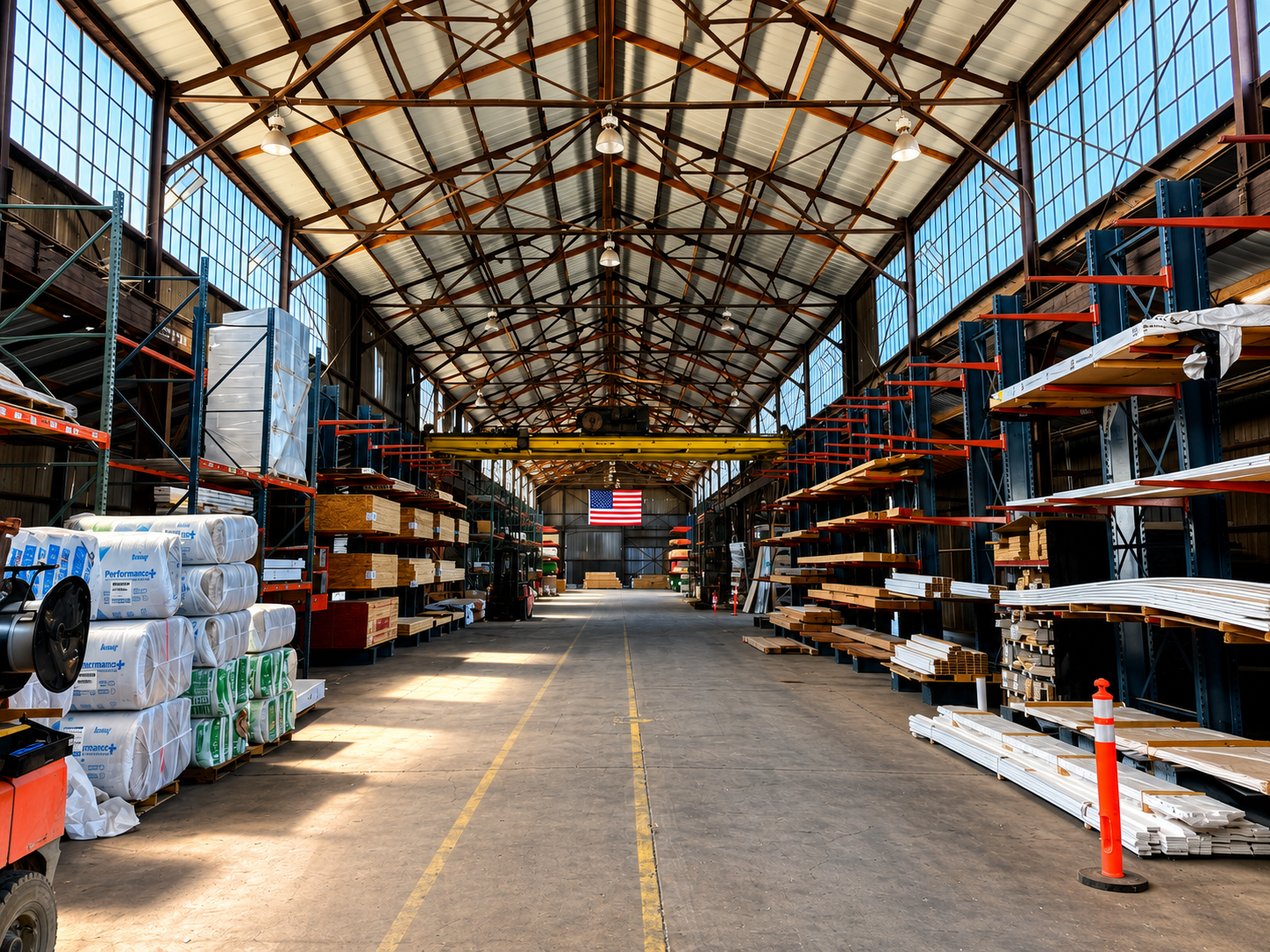 Inside the Shasta Building Supply warehouse, stocked with lumber, insulation, and building materials